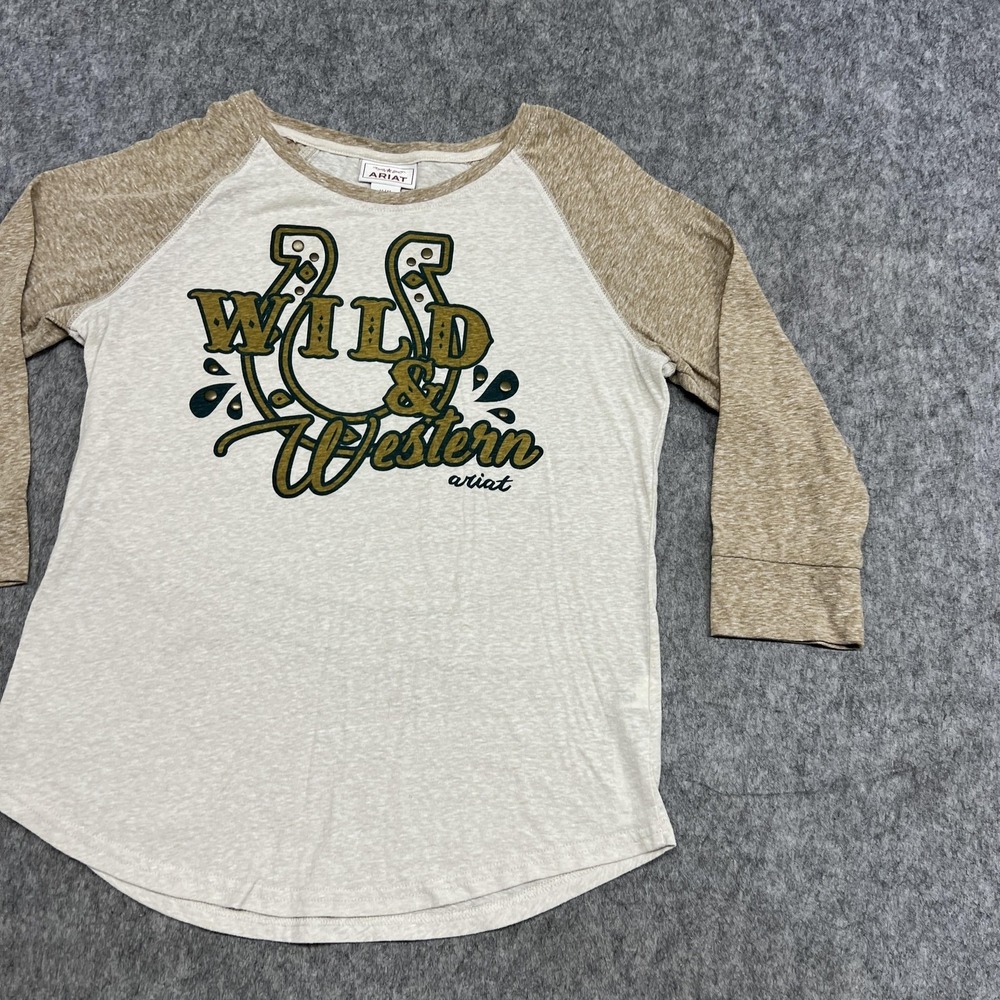 Ariat Shirt Womens M Beige Wild & Western 3/4 Sleeve Raglan Graphic Tee Top - Picture 5 of 16
